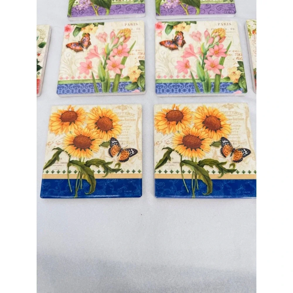 Butterfly Ceramic Coasters Floral French Cottage Country Whimsical Decor 8 Pc